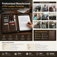 Portafolio de Cuero A4 Personalizado con Cierre, Calculadora, Portapapeles, Bolsillo para Teléfono, Dos Portaplumas y Logotipo para Ejecutivos