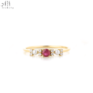 Bagues de fiançailles et de mariage pour femmes, de qualité exceptionnelle, style tendance, perle d'eau douce, or jaune massif 18 carats, diamant naturel, rubis - Product Image 1