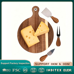 Ensemble de planches à <span class=keywords><strong>fromage</strong></span> en bois d'acacia avec 3 couteaux à <span class=keywords><strong>fromage</strong></span>, plateau de service rond pour <span class=keywords><strong>charcuterie</strong></span> avec poignée pour la cuisine et les fêtes - Product Image 1