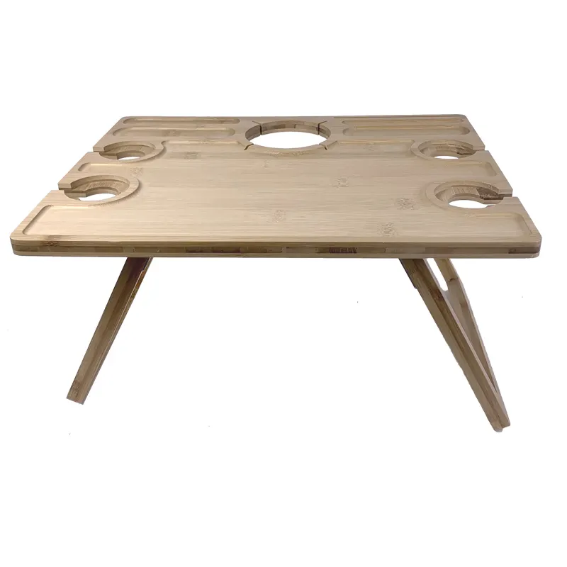 GOURMAID Bamboo Snack Table Folding Picnic Table Tray With a Wine Holder And four Wine Glass Holders