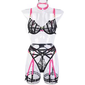 Groothandel Vrouwen Lingerie Stijl Seks Erotische Vier Stukken Sets Vrouwen Zwart Pure Kant Set Femme Sexy Met Kousenband Lingerie - Product Image 6