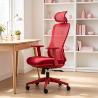 Chaise de bureau ergonomique moderne rouge en maille, dossier haut, appui-tête réglable, support lombaire, pivotante, pour espace de travail créatif