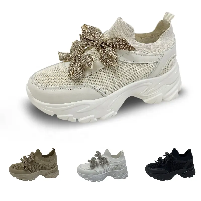 Прямая Продажа с фабрики, женские кроссовки с блестящими бантами, увеличивающие рост, дышащие Текстильные женские модные массивные туфли