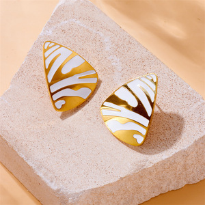 Geometric Triangle Stud Earrings Gold White Zebra Pattern Stainless Steel Party Jewelry E6069 - Product Image 3