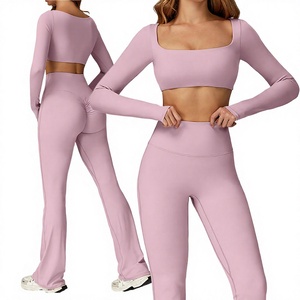 Women 2 Piece Yoga <b>Set</b> <b>Square</b> Neck Crop Top High Waist Full Length Leggings Seamless Solid Pink Activewear Workout - Product Image 1