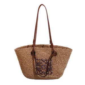 Sac à main de luxe pour femme, pochette tressée en osier tendance, sac à bandoulière en paille durable avec deux broderies et doublure en polyester - Product Image 1