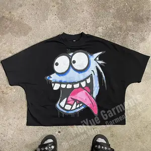 Custom Casual Fashion Raw Hem Screen Print Roundneck Hip Hop Tshirt Y2k 3d Print Washed Oversized Boxy Cropped T Shirt Men