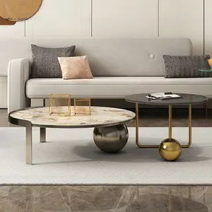 Luxus Golden Ball Base Design Couch tisch Set Titan Gold Glasur Edelstahl Rahmen Sinter stein Tea Center Tisch