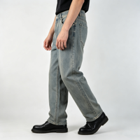 Jean bleu délavé vintage pour homme, coupe droite, déchiré, cinq poches, pantalon décontracté, OEM, vente en gros