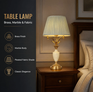 Lampe de <span class=keywords><strong>table</strong></span>, lampe de chevet, lampe de nuit, en laiton, avec abat-jour en tissu plissé et base en marbre, style classique pour chambre à coucher, tête de <span class=keywords><strong>lit</strong></span>, coiffeuse - Product Image 1