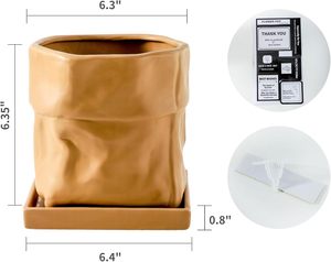 Vaso in Ceramica da 6 Pollici con Foro di Drenaggio e Sottovaso Quadrato per Piante, Design a Forma di Borsa, Vaso per Fiori, Decorazione da Giardino - Terracotta - Product Image 2