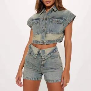 Conjunto de Mezclilla para Mujer, Nuevo, de Alta Calidad, Sexy, Chaqueta Corta sin Mangas, Mini Shorts, Lavado Ácido, Efecto Desgastado - Product Image 3
