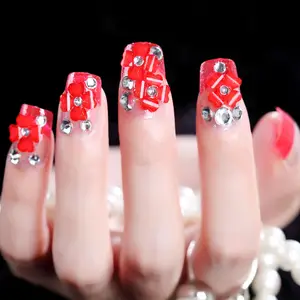 24件红花法国新娘指甲压上全盖设计背胶假指指甲尖短压上指甲