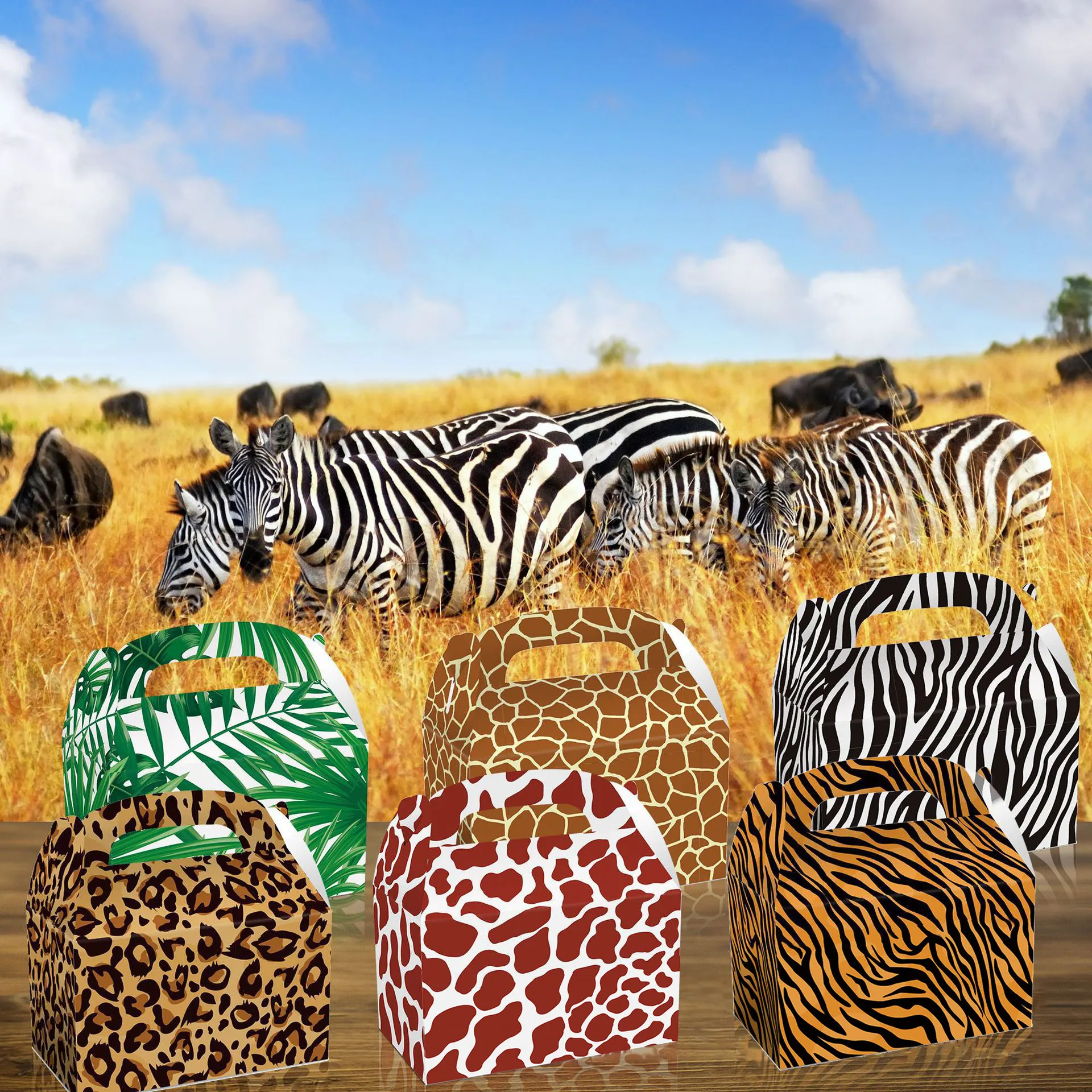 Nicro 12pcs 정글 동물 파티 장식 표범 인쇄 생일 선물 가방 사파리 동물 호의 케이크 상자 베이비 샤워