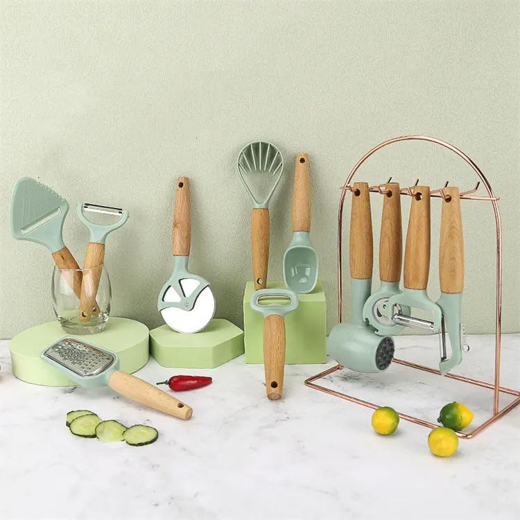 New arrival wood handle smart utensils gadgets 9 piece home kitchen tools accessories and kitchen gadgets set