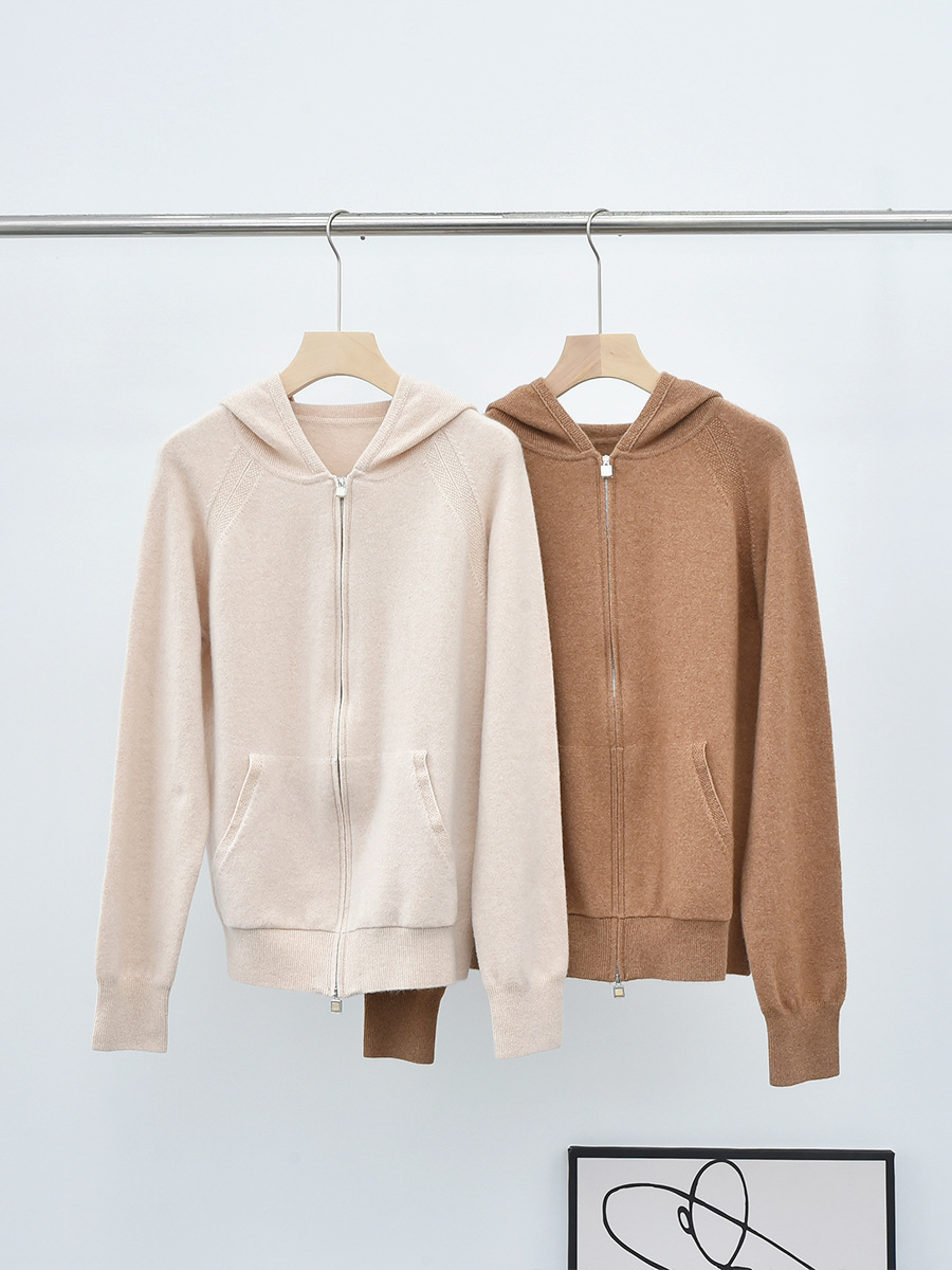 Women's Minimalist Hooded Knit Zip-Up | Soft Wool Blend Raglan Sleeve Cardigan