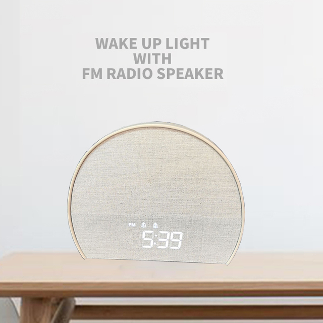 Smart Home Wake up Light with FM Radio Speaker Sunrise Sunset Light & White Noise BT Speaker Fabric Clock Dual Alarm Clock