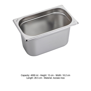 Recipiente para Alimentos GN 1/4 de Acero Inoxidable 18/10, 26.5 × 16.2 × 15 h cm, 598 g, Inox, Macel - Product Image 3