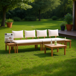 Set di Panchine da Giardino in Teak con Cuscini, 5 Posti, Arredamento da Esterno dal Design Moderno - Product Image 2