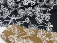 Tissu brodé floral blanc sur base noire, motif floral vintage, textile pour robe Abaya, matière pour vêtements