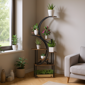 Support à plantes moderne en bois courbé à 5 niveaux, étagère autoportante pour exposition de fleurs, décoration murale pour salon - Product Image 2