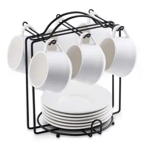 4 oz white Espresso Cups with Saucers and Metal Stand Set of 6 for Cappuccino coffee and Tea