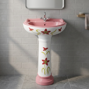 Burgundy Pink Rustic Ceramic Pedestal Basin Set with Decorative Glazed Finish Sanitary Ware Sink <b>Stand</b> Set - Product Image 1