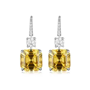 Yellow Square Cubic Zirconia Brilliant Princess Cut Lab Grown Gemstone Stud Earrings 925 Sterling Silver Yellow Topaz