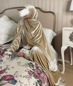 プレミアム祈りヒジャブセットイードラマダンドレスレースエッジ付きベルベットアバヤ祈りセットローブムスリムテレコム - Product Image 5