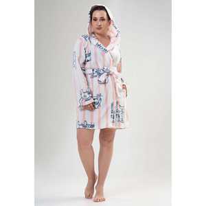 เสื้อคลุมมีฮู้ดผ้าฟลีซสำหรับผู้หญิง พิมพ์ลายแมว สีชมพูอ่อน ลายทาง ชุดนอนลำลอง แขนยาว - Product Image 4