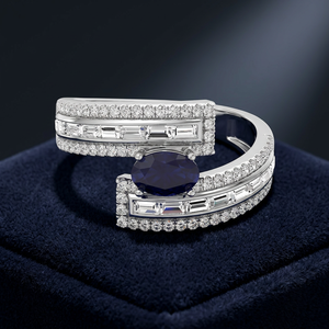 Luxury Women's White Gold Cocktail <b>Ring</b> With Oval Sapphire And Baguette Diamond Channel Setting Pave Band Geometric Design - Product Image 3