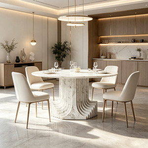 <strong>White</strong> Marble Round <strong>Dining</strong> <strong>Table</strong> Fluted Ribbed Pedestal Stone <strong>Table</strong> Aussie Coastal Luxury Heavy Duty Anti Stain Australia - Product Image 1