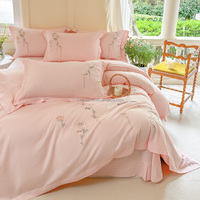 Housse de couette en coton des années 40 3D Embroidery Rose Bedding Sets Pink Bed Sets