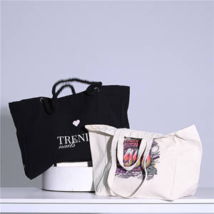 Women's Medium Oversize <b>Weekend</b> Canvas Cotton Shopping Tote <b>Bag</b> Custom <b>Black</b> Logo Fashionable Letter Pattern Eco-Friendly Zipper - Product Image 4