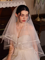 Voile de mariée de style français QUEENSGOWN, voile court à deux couches, bord en satin avec nœud, simple et élégant, accessoires de robe de mariée