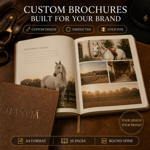 Catalogue personnalisé du club équestre et de chevaux arabes de race, format A4, couverture rigide, texture cuir brun, gaufrage doré, brochure - Product Image 1