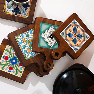 Walnut Wood Patterned Tile <b>Placemat</b> Square Enamel Design With Handle <b>For</b> Home <b>Table</b> Use - Product Image 4