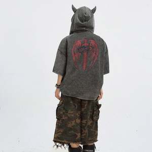 Sudadera con Capucha Corta de Verano para Mujer, 100% Algodón, Estilo Vintage, Lavado Y2K, Estampado Digital, Orejas de Cuerno - Product Image 4