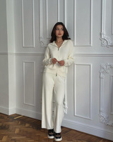 Dropshipping Casual Knit 2 Piece Suit Femmes Pant Set Solid High-Waist Bell Bottoms Lapelzip-Up Sweater Loose-Fit Knit Top