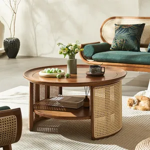 Meja kopi modern wabisabi, meja samping tempat tidur rotan kayu retro Nordik, furnitur ruang tamu