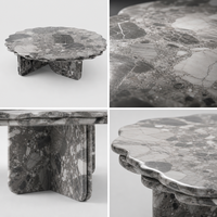 Table basse moderne en marbre gris Oreo à bords festonnés, table de salon ronde en pierre naturelle avec base cruciforme