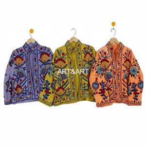 100% Cotton Suzani Embroidery Breathable Eco-Friendly <b>Quilted</b> <b>Jacket</b> Argyle <b>Pattern</b> Full Sleeves Handmade Flowers Unisex Winter - Product Image 1