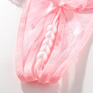 Sous-vêtements en dentelle sexy avec nœud Lingerie érotique pour femmes Culotte entrejambe ouvert perlé - Product Image 4