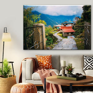 Impression sur toile Village de montagne de l'Himalaya - Chemin en <span class=keywords><strong>pierre</strong></span>, entrée, art mural pittoresque pour la décoration de la maison - Product Image 4