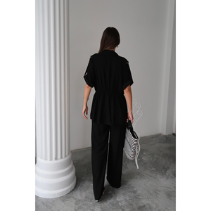 Conjunto de Camisa y Pantalones de Lino Negro para Mujer, Cintura con Cordón, Corte Holgado, Largo por Encima de la Rodilla, Estilo Oficina, Tops Cortos de Verano - Product Image 1