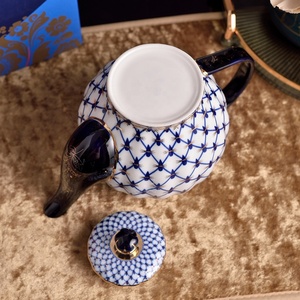 Russian Royal Style Minimalist Eco-Friendly Blue Grid Bee Pattern Bone China <b>Tea</b> <b>Set</b> - Product Image 3