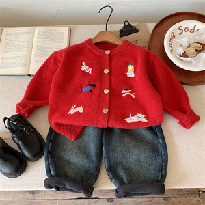 Tongxingyuan Children's Knitted Cardigan Red Embroidered Puppy Winter Sweater For Boys And Girls Size 2-8 Years - Product Image 2