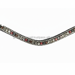 Nouvel arrivage de bande de front de cheval en cuir fait à la main en forme de vague décorée de 3 rangées de cristaux multicolores strass bande de front bling - Product Image 1