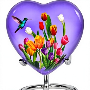 Urne funéraire décorative en aluminium en forme de cœur avec colibris violet en vol, avec support métallique et boîte en velours offerte - Product Image 4