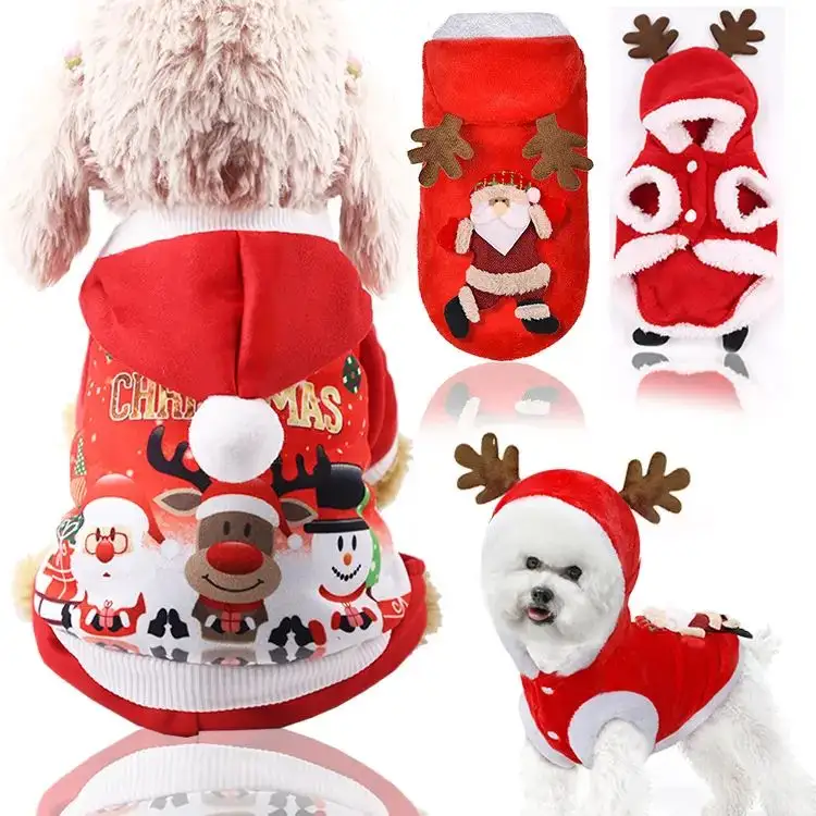 Costumes de Noël pour chiens, manteau pull pour animaux de compagnie par temps froid, tenue de renne du père Noël pour chiot, vêtements chauds à capuche d'hiver, vêtements